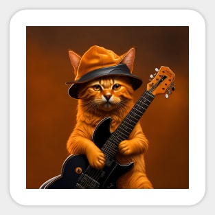 Rocking Red: Fiery Cat Jamming on Guitar Sticker